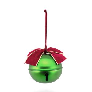 14Cm Green Metal Bell W/Burgandy Bow