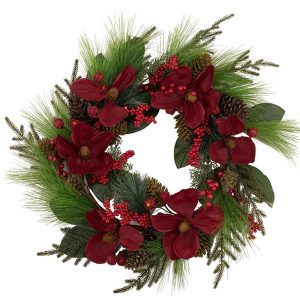 61cm Red Magnolia Wreath W/Spruce Fir & Magnolia Leaves