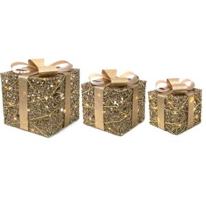 Set Of 3  Led Light Up Champagne Gift Box 15cm 20cm 25cm-2Xaa Battery