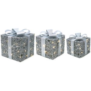 Set Of 3  Led Light Up Gift Boxes Silver 15cm 20cm 25cm-2Xaa Battery