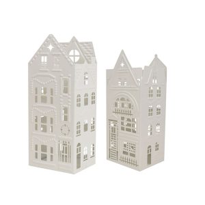 Set Of 2 Metal House Candle Holder S:16.5X14.5X40cm L:19X15.3X45.5cm