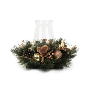 70X46cm Gold Magnolia Single Glass Candle Holder W/Wreath