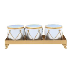 Set Of 3  Metal Pots W/Tray 46.5X15.5X6.5cm White&Silver Pots W/Gold Tray